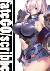 Rule 34 | 1girl, absurdres, armor, armored collar, armored dress, armpits, bare shoulders, blush, breasts, closed mouth, clothing cutout, cover, cover page, elbow gloves, fate/grand order, fate (series), gloves, hair over eyes, hair over one eye, highres, large breasts, lips, looking at viewer, marushin (denwa0214), mash kyrielight, navel cutout, pink eyes, pink hair, scan, shield, short hair, sideboob, simple background, solo, thighs, white background