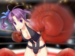 Rule 34 | 1girl, akabeko207, arena, boxing, boxing gloves, boxing ring, breasts, cleavage, femdom, grin, leotard, looking at viewer, medium breasts, one-piece swimsuit, pov, punching, purple eyes, purple hair, smile, swimsuit, tagme, teeth