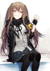 Rule 34 | 1girl, absurdres, arm support, armband, black gloves, black ribbon, black scarf, blush, breasts, brown hair, buttons, fingerless gloves, girls&#039; frontline, gloves, grey skirt, grin, hair between eyes, hair ornament, hairclip, hand up, highres, hood, hood down, hooded jacket, jacket, knee pads, kyo, long hair, looking at viewer, neck ribbon, open clothes, open jacket, pantyhose, pleated skirt, red eyes, ribbon, scar, scar across eye, scar on face, scarf, shirt, sitting, skirt, small breasts, smile, solo, twintails, ump9 (girls&#039; frontline), untucked shirt, white shirt