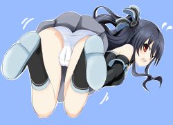Rule 34 | 10s, 1girl, bad id, bad pixiv id, bare shoulders, black hair, blue background, blush, gloves, hair ornament, hair ribbon, highres, long hair, looking at viewer, looking back, mayou, neptune (series), niwaka potato, open mouth, panties, pantyshot, red eyes, ribbon, simple background, skirt, solo, twintails, two side up, underwear, uni (neptunia), white panties
