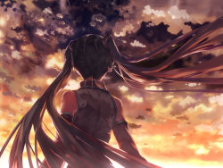 Rule 34 | 1girl, arm tattoo, back, bob (biyonbiyon), cloud, detached sleeves, from behind, from below, hatsune miku, headphones, highres, long hair, solo, sunset, tattoo, twintails, vocaloid