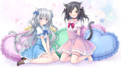 Rule 34 | 2girls, :d, animal ear fluff, animal ears, barefoot, black hair, blue bow, blue sailor collar, blue sky, blush, bow, brown eyes, brown footwear, cat ears, cat girl, cat tail, closed mouth, commentary request, copyright request, frilled pillow, frilled sailor collar, frilled skirt, frilled socks, frills, grey hair, hair between eyes, hair bow, hair ornament, hairclip, heart, heart-shaped pillow, high-waist skirt, highres, korie riko, loafers, long hair, multiple girls, open mouth, pillow, pink sailor collar, pink skirt, pleated skirt, puffy short sleeves, puffy sleeves, purple bow, purple eyes, sailor collar, shoes, short sleeves, skirt, sky, smile, socks, star (symbol), swept bangs, tail, thigh strap, two side up, very long hair, white socks