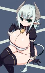 Rule 34 | 1girl, absurdres, aqua eyes, aqua hair, bare shoulders, bell, belly, black gloves, breasts, cleavage, copyright request, covered erect nipples, cowbell, curvy, demon girl, demon tail, gloves, highres, horns, huge breasts, long hair, looking at viewer, parted lips, plump, pointy ears, puffy nipples, sawati, solo, tail, thick thighs, thighs