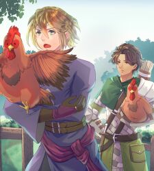 Rule 34 | 2boys, animal, armor, arrow (projectile), belt, bird, black gloves, blonde hair, brown eyes, brown hair, character request, chicken, cloak, commentary request, curtained hair, gloves, green cloak, green eyes, hair between eyes, hand on own hip, holding, holding animal, jewelry, looking ahead, looking at another, male focus, multiple boys, open mouth, outdoors, pauldrons, purple robe, ring, riou (pooh920), robe, scabbard, scale armor, sheath, short hair, shoulder armor, single pauldron, sky, tree, unicorn overlord, upper body