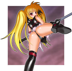 Rule 34 | 00s, 1girl, angry, arched back, ass, bardiche (nanoha), black thighhighs, blonde hair, blush, cameltoe, fate testarossa, fate testarossa (original form), from behind, latex, leotard, long hair, lyrical nanoha, mahou shoujo lyrical nanoha, open mouth, red eyes, solo, thighhighs, twintails, very long hair