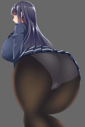 Rule 34 | 1girl, ass, black hair, blue eyes, blue hair, breasts, character request, curvy, from behind, gigantic breasts, grey background, highres, huge ass, huge breasts, kloah, leaning forward, long hair, looking at viewer, looking back, matching hair/eyes, original, panties, panties under pantyhose, pantyhose, parted lips, school uniform, serafuku, simple background, skirt, solo, source request, thick thighs, thighs, underwear, white panties, wide hips