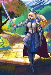 Rule 34 | 1girl, animated, animated gif, apo (rairaru20001), armor, blonde hair, blue eyes, breasts, day, holding, holding shield, holding sword, holding weapon, knight, long hair, looking away, medium breasts, open mouth, original, outdoors, pixel art, shield, smile, solo, sword, tree, weapon
