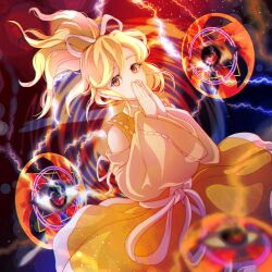 Rule 34 | 1girl, absurdres, blonde hair, dungeon toaster, electricity, highres, japanese clothes, ponytail, ribbon-trimmed sleeves, ribbon trim, solo, touhou, touhou (pc-98), wide sleeves, yellow eyes, yuugenmagan
