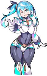 Rule 34 | absurdres, aqua eyes, aqua hair, blush, breasts, commission, covered navel, enpe, feet out of frame, highres, large breasts, long hair, mega man (series), mega man x (series), mega man x dive, microphone, one eye closed, open mouth, pointing, rico (mega man), side ponytail, simple background, skeb commission, smile, solo, white background
