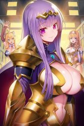 Rule 34 | 3girls, armor, belt, bikini armor, black panties, blonde hair, blue eyes, blunt ends, boots, bow, bowtie, braid, breastplate, breasts, cape, center opening, circlet, claudette (queen&#039;s blade), claudette (queen&#039;s blade unlimited), cleavage cutout, closed mouth, clothing cutout, curvy, elina (queen&#039;s blade), elina (queen's blade), gauntlets, gem, gloves, gold armor, greaves, hair ornament, hairband, halterneck, hand up, headband, headgear, large breasts, leina (queen&#039;s blade), leina (queen&#039;s blade unlimited), loincloth, long hair, looking at viewer, multiple girls, navel, navel cutout, night, official art, open mouth, outdoors, outline, panties, pauldrons, pink lips, purple eyes, purple hair, queen&#039;s blade, queen&#039;s blade unlimited, queen&#039;s blade white triangle, red cape, revealing clothes, shadow tracker elina, shoulder armor, siblings, side braids, sidelocks, sisters, smile, standing, straight hair, turtleneck, underwear, waving, white neckwear