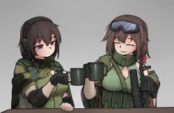 Rule 34 | 2girls, armedshipyard, assault rifle, black gloves, breasts, brown hair, camouflage, camouflage cape, camouflage jacket, cleavage, closed eyes, cup, ear protection, elbow pads, fingerless gloves, girls&#039; frontline, gloves, goggles, goggles on head, green shirt, grenade launcher, grey background, gun, hair between eyes, hair ornament, holding, holding cup, holding gun, holding weapon, jacket, kalashnikov rifle, large breasts, long hair, mod3 (girls&#039; frontline), mug, multiple girls, open mouth, red eyes, rifle, scene reference, shirt, short sleeves, simple background, sleeveless, sleeveless shirt, smile, star (symbol), star hair ornament, table, type 56-1 (girls&#039; frontline), type 56-1 (mod3) (girls&#039; frontline), type 56 assault rifle, type 64 (girls&#039; frontline), type 64 (mod3) (girls&#039; frontline), underbarrel grenade launcher, upper body, weapon, wreaths at the foot of the mountain