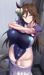 Rule 34 | 1girl, absurdres, ahoge, alternate breast size, animal ears, big shine, black one-piece swimsuit, blue eyes, blush, bow, bowtie, breasts, brown hair, clothes pull, competition swimsuit, covered erect nipples, covered navel, cowboy shot, grin, groin, hair between eyes, hair ornament, hairclip, hat, highleg, highres, horse ears, horse girl, horse tail, index finger raised, indoors, large breasts, lifting own clothes, long hair, looking at viewer, mini hat, mini top hat, mr. c.b. (umamusume), one-piece swimsuit, pleated skirt, puffy short sleeves, puffy sleeves, purple bow, purple bowtie, purple shirt, rain, sailor collar, sailor shirt, school uniform, serafuku, shirt, short sleeves, sidelocks, skirt, skirt pull, smile, solo, standing, summer uniform, swimsuit, swimsuit under clothes, tail, taut clothes, taut swimsuit, teeth, textless version, thighhighs, top hat, tracen school uniform, umamusume, wet, wet clothes, wet hair, wet shirt, wet skirt, white hat, white skirt, white thighhighs