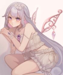 Rule 34 | 1girl, bare shoulders, blush, bow, breasts, chest jewel, crop top, crystal, fairy wings, frilled shirt, frilled shorts, frills, gem, gem hair ornament, gradient hair, grey hair, hair flaps, hair ornament, highres, hololive, hololive english, jewel under eye, jewelry, koseki bijou, long hair, looking at viewer, multicolored hair, purple eyes, shirt, short shorts, shorts, shou3 2, sidelocks, sitting, small breasts, solo, spaghetti strap, strap slip, very long hair, virtual youtuber, wavy hair, white bow, white shirt, white shorts, wings, wrist cuffs