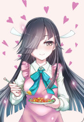 Rule 34 | 10s, 1girl, apron, bad id, bad pixiv id, black hair, blue bow, bow, bowtie, brown eyes, collared shirt, curry, feeding, food, hair over one eye, hayashimo (kancolle), heart, incoming food, kantai collection, long hair, long sleeves, looking at viewer, pink apron, pov feeding, school uniform, shirt, smile, upper body, white shirt, yuemanhuaikong