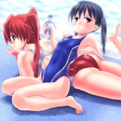 Rule 34 | 2girls, action figure, ass, black hair, competition swimsuit, long hair, lying, multiple girls, on stomach, one-piece swimsuit, original, red eyes, red hair, swimsuit, tennouji mamichi, tennouji masamichi, twintails