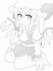 Rule 34 | 1girl, ascot, closed mouth, collared shirt, fang, fang out, flandre scarlet, frilled shirt collar, frilled skirt, frilled sleeves, frills, full body, greyscale, hair between eyes, hand on own leg, hat, highres, long hair, looking at viewer, marukyuu ameya, mob cap, monochrome, no shoes, puffy short sleeves, puffy sleeves, ribbon-trimmed headwear, ribbon trim, shirt, short sleeves, skin fang, skirt, smile, solo, touhou, vest, wings, wrist cuffs
