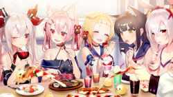 Rule 34 | 5girls, :d, ;), ^ ^, ahoge, animal ear fluff, animal ears, ariake (azur lane), asagi yuna, azur lane, bare shoulders, bell, bird, black hair, blonde hair, blush, breasts, cat ears, chick, closed eyes, collarbone, commentary request, cup, eating, fang, fangs, feeding, food, hair between eyes, hair ornament, hair ribbon, hair rings, hairband, hatsushimo (azur lane), holding, holding cup, holding food, japanese clothes, jingle bell, laffey (azur lane), long hair, looking at viewer, manjuu (azur lane), multiple girls, off-shoulder shirt, off shoulder, official art, one eye closed, open mouth, out of frame, ping hai (azur lane), pink hair, pinky out, pizza, pointing, rabbit ears, red eyes, ribbon, shirt, short hair, silver hair, sitting, small breasts, smile, twintails, two side up, vampire (azur lane), yellow eyes, yuugure (azur lane)