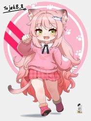 Rule 34 | 1girl, :d, animal ear fluff, animal ears, borrowed character, bow, bowtie, cat ears, cat girl, cat tail, chromatic aberration, collared shirt, commission, fang, fish hair ornament, green eyes, hair ornament, hand up, highres, kuro kosyou, long hair, long sleeves, looking at viewer, open mouth, original, paw print, pink hair, pink sweater, plaid, plaid skirt, pleated skirt, shadow, shirt, signature, skeb commission, skirt, sleeves past wrists, smile, solo, sweater, tail, twitter username, very long hair, white shirt