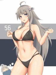 Rule 34 | 1girl, ahoge, arcie albano, bare arms, bare legs, bare shoulders, bikini, black bikini, breasts, collarbone, grey eyes, groin, headgear, highres, kantai collection, large breasts, long hair, navel, open mouth, silver hair, solo, swimsuit, washington (kancolle)