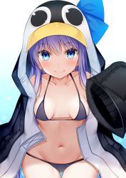 Rule 34 | 1girl, animal hood, aozora nan, bare shoulders, bikini, bikini under clothes, black bikini, black jacket, blue background, blue bow, blue eyes, bow, breasts, closed mouth, collarbone, commentary request, fate/grand order, fate (series), gradient background, groin, hair between eyes, highres, hood, jacket, long hair, long sleeves, looking at viewer, md5 mismatch, medium breasts, meltryllis, meltryllis (fate), meltryllis (swimsuit lancer) (fate), meltryllis (swimsuit lancer) (first ascension) (fate), navel, open clothes, open jacket, penguin hood, puffy long sleeves, puffy sleeves, purple hair, resolution mismatch, sitting, sleeves past fingers, sleeves past wrists, smile, solo, source larger, swimsuit, white background