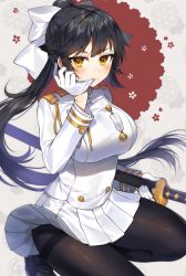 Rule 34 | 1girl, aiguillette, azur lane, badge, black footwear, black hair, black pantyhose, blush, bow, breasts, closed mouth, gijang, gloves, grey background, hair bow, hair flaps, high ponytail, holding, holding sword, holding weapon, large breasts, loafers, long hair, long sleeves, looking at viewer, military, military uniform, miniskirt, mouth hold, pantyhose, patterned background, pleated skirt, removing glove, sheath, sheathed, shoes, signature, skirt, solo, sword, takao (azur lane), thighband pantyhose, tsurime, uniform, v-shaped eyebrows, very long hair, weapon, white bow, white gloves, white skirt