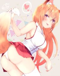 Rule 34 | 1girl, :p, animal ear fluff, animal ears, artist name, ass, bare arms, blonde hair, breasts, chita (ketchup), cowboy shot, fox ears, fox girl, fox tail, hair between eyes, heart, hikimayu, holding own tail, large breasts, long hair, looking at viewer, orange eyes, original, panties, pleated skirt, red skirt, shirt, signature, skirt, sleeveless, sleeveless shirt, smile, solo, spoken heart, tail, thighhighs, tongue, tongue out, triangle, twisted torso, underwear, white panties, white thighhighs
