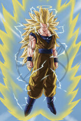 Rule 34 | 1boy, absurdres, arms at sides, aura, biceps, blonde hair, blue eyes, blue footwear, blue sash, blue shirt, blue sky, blue wristband, boots, clenched hands, commentary request, day, dougi, dragon ball, dragonball z, electricity, energy, floating, full body, halo, highres, long hair, male focus, muscular, muscular male, no eyebrows, orange pants, pants, parted lips, pectorals, sash, shirt, short sleeves, sky, smile, solo, son goku, spiked hair, super saiyan, super saiyan 3, toshi-chan, v-shaped eyebrows, very long hair, wristband