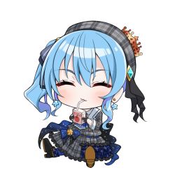 Rule 34 | 1girl, blue hair, bow, chibi, closed eyes, commentary request, drink, earrings, full body, gloves, hair between eyes, hat, high heels, hinata kokage, holding, holding drink, hololive, hoshimachi suisei, hoshimachi suisei (1st costume), jewelry, juice box, long sleeves, side ponytail, simple background, sitting, solo, virtual youtuber, white background