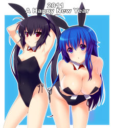 Rule 34 | 10s, 2011, 2girls, animal ears, arin, arms up, bare legs, black hair, blue eyes, blue hair, breasts, cleavage, fake animal ears, flat chest, kooh, kyoku tou, large breasts, long hair, multiple girls, new year, open mouth, pangya, playboy bunny, rabbit ears, red eyes, twintails