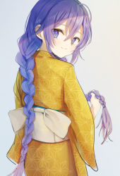 Rule 34 | 1girl, bad id, bad pixiv id, blue eyes, braid, closed mouth, from behind, grey background, h1ran0o0, hair between eyes, highres, holding, japanese clothes, kimono, long hair, looking at viewer, looking back, mushoku tensei, print kimono, purple hair, roxy migurdia, simple background, smile, solo, standing, twin braids, twintails, very long hair, yellow kimono