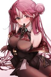 Rule 34 | 1girl, absurdres, arm support, arm under breasts, bare shoulders, black jacket, black leotard, black skirt, blush, bodystocking, breast hold, breasts, cleavage, hair bun, heterochromia, highres, hololive, houshou marine, houshou marine (marching band), jacket, lace-trimmed leotard, lace trim, large breasts, leotard, long hair, looking at viewer, mouth hold, multicolored hair, official alternate hair length, official alternate hairstyle, red eyes, red hair, see-through, see-through cleavage, showgirl skirt, single side bun, sitting, skirt, solo, soyoghi, strapless, strapless leotard, streaked hair, twisted torso, two-sided fabric, two-sided jacket, very long hair, virtual youtuber, white hair, yellow eyes