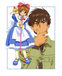 Rule 34 | 1girl, absurdres, blue footwear, bow, brother and sister, brown hair, cardcaptor sakura, child, green eyes, highres, holding, holding wand, kero (cardcaptor sakura), kinomoto sakura, kinomoto touya, magical girl, official art, one eye closed, pink bow, short hair, siblings, wand, wings