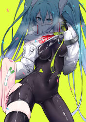 Rule 34 | 1girl, absurdres, asymmetrical bodysuit, black bodysuit, black gloves, black thighhighs, blue eyes, blue hair, bodysuit, breasts, breasts apart, covered navel, cowboy shot, floating hair, gloves, hair between eyes, hatsune miku, headphones, highres, long hair, looking at viewer, lsf (805661342), medium breasts, racing miku, racing miku (2022), single leg bodysuit, skin tight, skindentation, solo, thighhighs, twintails, two-tone gloves, very long hair, vocaloid, yellow background, yellow gloves