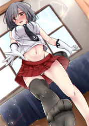 Rule 34 | 1girl, aga marino, agano (kancolle), agano (kancolle) (cosplay), alternate costume, asymmetrical legwear, bad id, bad nicoseiga id, belt, blush, breasts, cosplay, feet, full-face blush, gloves, hair between eyes, hair ornament, kantai collection, large breasts, looking at viewer, looking down, miniskirt, navel, necktie, no shoes, open mouth, panties, pantyshot, pleated skirt, red eyes, red skirt, sailor collar, school uniform, short hair, single thighhigh, skirt, sleeveless, solo, thighhighs, underwear, uneven legwear, white panties, window, yamashiro (kancolle)