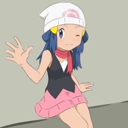 Rule 34 | 1girl, a (pixiv 17870427), arm up, bare arms, bare legs, beanie, blue eyes, blue hair, blush, creatures (company), dawn (pokemon), female focus, game freak, hair ornament, hairpin, happy, hat, legs, long hair, looking at viewer, matching hair/eyes, miniskirt, nintendo, pink skirt, pokemon, pokemon (anime), red scarf, scarf, skirt, sleeveless, smile, solo, white hat