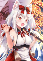 Rule 34 | 1girl, amano kusatsu, animal ears, azur lane, blush, bow, bowtie, breasts, dress, firework background, fireworks, hair bow, highres, holding, holding umbrella, japanese clothes, long hair, looking at viewer, medium breasts, official alternate costume, open mouth, paw pose, red bow, red bowtie, red eyes, silver hair, solo, umbrella, white dress, yukikaze (azur lane), yukikaze (winter&#039;s snowy wind) (azur lane)