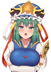 Rule 34 | 1girl, :o, arms under breasts, blue eyes, blue hat, blue vest, blush, breasts, bright pupils, buttons, frills, gold trim, green hair, hat, holding, holding stick, ikue fuuji, juliet sleeves, large breasts, long hair, long sleeves, looking at viewer, open mouth, puffy sleeves, red ribbon, ribbon, rod of remorse, shiki eiki, simple background, solo, stick, teeth, tongue, touhou, upper body, upper teeth only, v-shaped eyebrows, vest, white background, white ribbon
