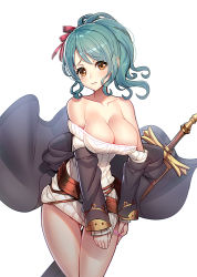 Rule 34 | 10s, 1girl, bare shoulders, blush, breasts, brown eyes, cape, cleavage, collarbone, dress, granblue fantasy, green hair, hair ribbon, herja, large breasts, long hair, looking at viewer, ponytail, ribbed sweater, ribbon, ririko (zhuoyandesailaer), sheath, sheathed, simple background, solo, sweater, sweater dress, sword, weapon, white background