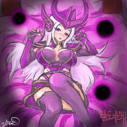 Rule 34 | 1girl, armor, bed, blush, breasts, breasts apart, covered erect nipples, ear protection, elbow gloves, energy ball, forehead jewel, forehead protector, gloves, helmet, large breasts, league of legends, long hair, looking at viewer, lying, on back, on bed, orb, pauldrons, pillow, purple eyes, purple thighhighs, shoulder armor, silver hair, solo, syndra, thighhighs, trombe, vambraces, very long hair