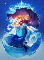 Rule 34 | 2girls, anna (frozen), bad id, bad twitter id, blue background, blue dress, blue footwear, braid, brown hair, cape, capelet, carrying, disney, dress, elsa (frozen), english text, closed eyes, frozen (disney), full body, happy, high heels, highres, hiphip hurray, long hair, multiple girls, no headwear, no headwear, open mouth, panbukin, princess, princess carry, profile, queen, shoes, siblings, single braid, sisters, snowflakes, twin braids, white hair, wince