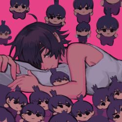 Rule 34 | 1girl, black hair, breasts, chainsaw man, character doll, eyepatch, hayakawa aki, highres, himeno (chainsaw man), large breasts, liowig, looking at viewer, hugging object, pillow, pillow hug, pink background, pink theme, short hair, simple background, solo, tank top, too many dolls, white tank top
