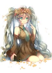 Rule 34 | 1girl, absurdres, detached sleeves, dress, green eyes, green hair, hatsune miku, head wreath, highres, long hair, matching hair/eyes, necktie, sitting, solo, tears namida, twintails, very long hair, vocaloid, white background