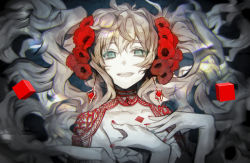Rule 34 | 1girl, bare shoulders, breasts, cleavage, collarbone, cube, dress, earrings, flower, frilled dress, frills, green eyes, grey hair, hair flower, hair ornament, hands on own chest, jewelry, lace, long hair, nail polish, nozaki tsubata, open mouth, original, red nails, solo, twintails, upper body