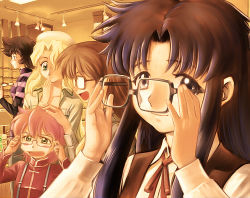 Rule 34 | 00s, 5girls, :d, adjusting eyewear, androgynous, anita king, black hair, blonde hair, blush, blush stickers, brown hair, child, covering own mouth, everyone, glasses, green eyes, hand on head, hand over mouth, hand over own mouth, indoors, laughing, long hair, maggie mui, messy hair, michelle cheung, multiple girls, open mouth, pink hair, r.o.d the tv, read or die, ribbon, shirt, shop, shopping, short hair, smile, striped clothes, striped shirt, sumiregawa nenene, suspenders, turtleneck, vest, wavy hair, yomiko readman, yusao