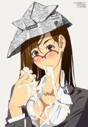 Rule 34 | 1girl, bad id, bad pixiv id, blush, breasts, brown eyes, brown hair, cleavage, food, gapper, glasses, ice cream, kodomo no hi, large breasts, long hair, melting, newspaper, paper hat, paper kabuto, sexually suggestive, solo