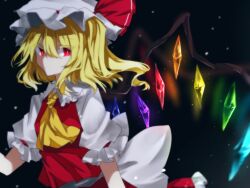 Rule 34 | 1girl, ascot, black background, blonde hair, blurry, crystal, flandre scarlet, hat, hat ribbon, looking at viewer, medium hair, mob cap, one side up, rainbow order, red eyes, red ribbon, ribbon, short sleeves, simple background, solo, souko illust, touhou, upper body, white hat, wings, yellow ascot