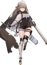 Rule 34 | 1girl, arknights, black cape, black shorts, boots, breasts, bright pupils, brown hair, cape, closed mouth, fartooth (arknights), feather hair, gauntlets, grey footwear, high-waist shorts, highres, holding, holding sword, holding weapon, leg up, long hair, long sleeves, looking at viewer, mari0ball, medium breasts, pouch, quiver, shirt, shorts, simple background, solo, standing, standing on one leg, sword, thigh boots, thigh pouch, thigh strap, thighhighs, thighs, visor (armor), weapon, white background, white shirt, yellow eyes