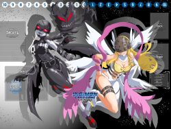 Rule 34 | angel, angel girl, angewomon, demon, demon girl, digimon, digimon (creature), digimon card game, fallen angel, head wings, highres, ladydevimon, long hair, mask, playmat, wings