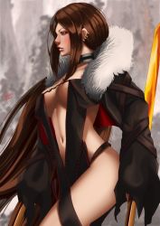 Rule 34 | 1girl, black dress, breasts, brown hair, center opening, choker, closed mouth, dress, earrings, fate/grand order, fate (series), from side, fur trim, holding, holding weapon, jewelry, kouichi09, large breasts, lips, long hair, navel, red eyes, sideboob, solo, strapless, strapless dress, very long hair, weapon, yu mei-ren (fate)
