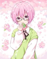 Rule 34 | 1girl, androgynous, blush, cherry blossoms, collared shirt, commission, eating, fang, flower, food, glasses, hair flower, hair ornament, holding, holding food, imminent bite, kokoshira 0510, long sleeves, looking at viewer, neck ribbon, open mouth, original, petals, pink eyes, pink hair, ribbon, sakura mochi, shirt, short hair, skeb commission, solo, sweater vest, wagashi